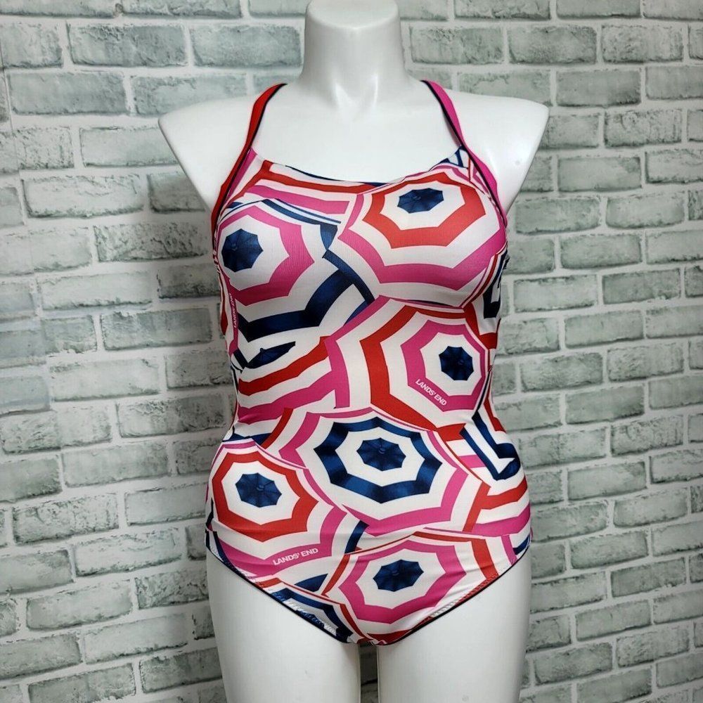 Lands' End Womens 10 Chlorine Resistant Scoop‎ Neck X-Back 1pc Swimsuit